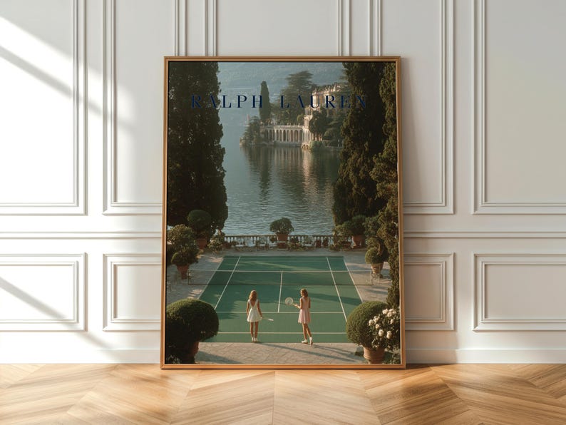 Vintage tennis court illustration with a retro aesthetic, featuring classic green and white tones, Ralph Lauren style preppy wall art for a sophisticated living room or home office decor.