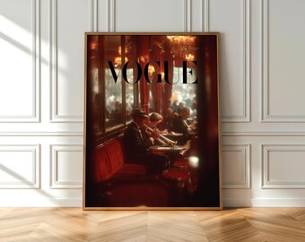 May include: A framed wall art print featuring a VOGUE magazine cover design. The image depicts a dimly lit, warm-toned interior scene with a person playing a trumpet while seated on a red velvet bench in a crowded restaurant setting.