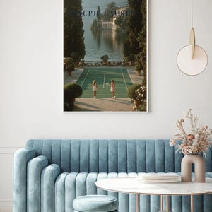 Vintage tennis court illustration with a retro aesthetic, featuring classic green and white tones, Ralph Lauren style preppy wall art for a sophisticated living room or home office decor.