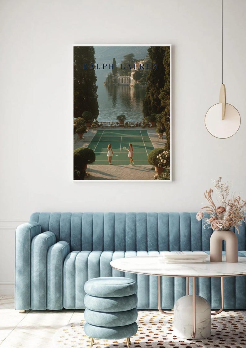 Vintage tennis court illustration with a retro aesthetic, featuring classic green and white tones, Ralph Lauren style preppy wall art for a sophisticated living room or home office decor.