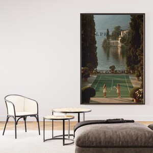 Vintage tennis court illustration with a retro aesthetic, featuring classic green and white tones, Ralph Lauren style preppy wall art for a sophisticated living room or home office decor.