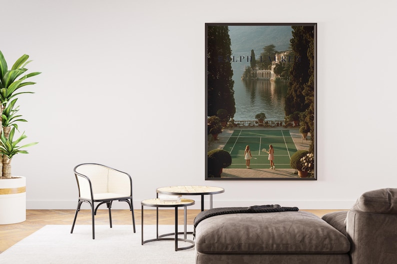 Vintage tennis court illustration with a retro aesthetic, featuring classic green and white tones, Ralph Lauren style preppy wall art for a sophisticated living room or home office decor.