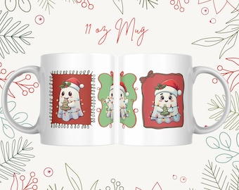 May include: White ceramic mug featuring a cartoon ghost wearing a Santa hat and holding a Christmas tree. The mug has the text "11 oz Mug" in red script. The design is framed in red and green decorative borders.