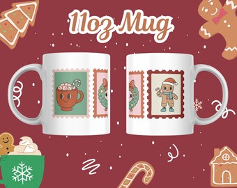 May include: White 11oz mug featuring Christmas-themed stamp designs. One stamp shows a cocoa cup, another a Christmas tree, and the last a gingerbread man. The mug has a white handle and is set against a red background with festive illustrations.