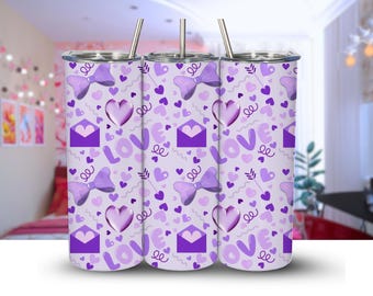 May include: Three stainless steel tumblers with a repeating pattern of purple hearts, bows, envelopes, and the word "LOVE" on a light purple background. Each tumbler has a silver straw.