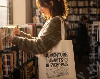 Adventure Awaits Tote Bag | Cotton Canvas Book Lover Library Shopper Tote