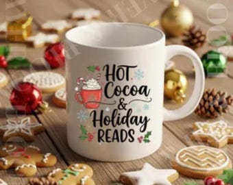 Hot Cocoa & Holiday Reads Mug | Christmas Coffee Cup, Cozy Winter Reading Mug, Book Lover Gift Mug, Literary Holiday Drinkware