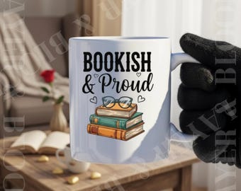 Bookish & Proud Mug | Stack of Books with Glasses Ceramic Mug, Book Lover Coffee Cup, Cozy Reading Gift
