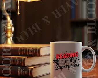 Reading Is My Superpower Mug | Book Lover Ceramic Coffee Cup, Reader Gift Mug for Library Lovers