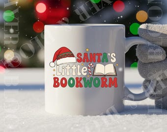 Santas Little Bookworm Mug | Christmas Reading Ceramic Mug | Holiday Book Lover Gift | Cozy Winter Reader Coffee Cup