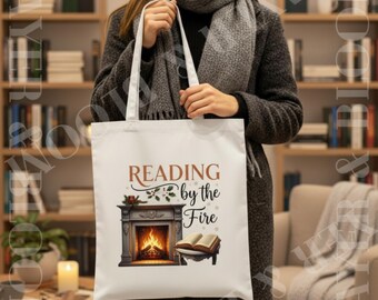 Reading by the Fire Tote Bag | Book Lover Canvas Bag, Cozy Fireplace Book Design, Winter Reading Tote, Literary Gift Bag