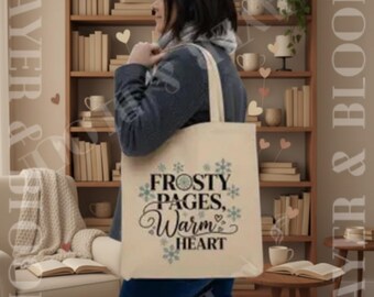 Frosty Pages Warm Heart Tote Bag | Book Lover Canvas Tote, Winter Reading Gift, Cozy Literary Tote, Holiday Book Bag