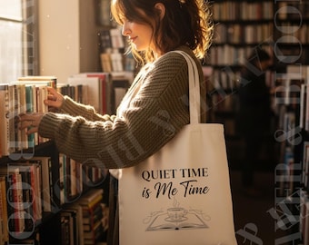Quiet Time is Me Time Tote | Book Tea Illustration | Cozy Reading Canvas Bag for Book Lovers