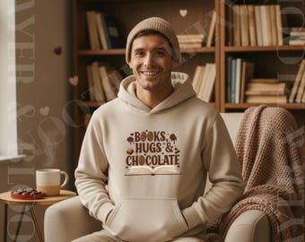 Books Hugs & Chocolate Hoodie | Cozy Reading Sweatshirt, Book Lover Hoodie, Literary Gift Pullover, Cozy Bookish Top
