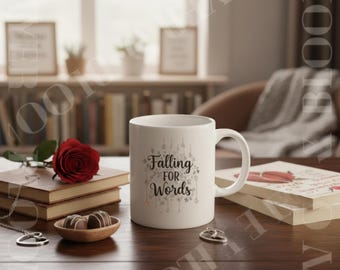 Falling for Words Mug | Ceramic Coffee Cup, Literary Quote Mug, Book Lover Gift, Cozy Reading Drinkware