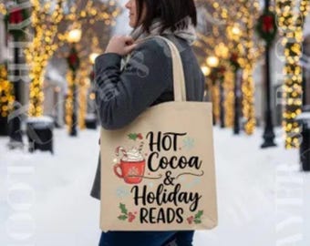 Hot Cocoa & Holiday Reads Tote Bag | Christmas Book Lover Canvas Tote, Cozy Winter Reading Bag, Literary Gift Tote