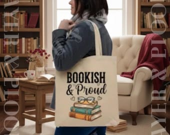 Bookish & Proud Tote Bag | Stack of Books Illustration, Book Lover Canvas Tote, Cozy Reading Bag, Literary Gift Tote