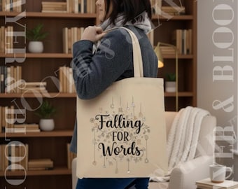 Falling for Words Tote Bag | Literary Bookish Canvas Tote, Book Lover Gift Bag, Cozy Reading Tote, Bookworm Carry Bag