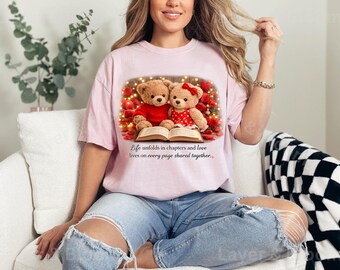 Reading Teddy Bears T-Shirt, Book Lover Gift, Anniversary Tee