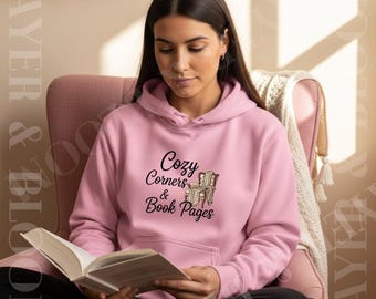 Cozy Corners & Book Pages Hoodie | Reading Chair Illustration, Book Lover Pullover, Literary Quote Sweatshirt