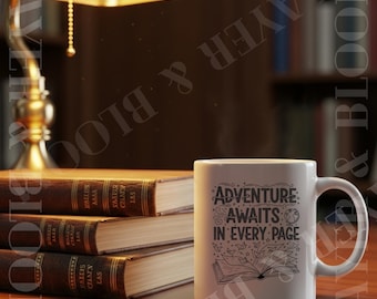 Adventure Awaits Mug | Book Lover Ceramic Coffee Cup, Reading Quote Mug, Literary Gift