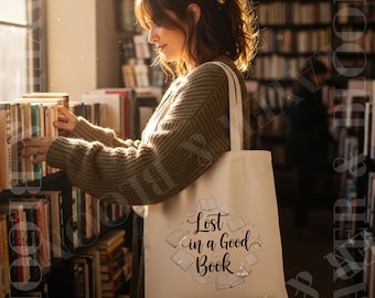 Lost in a Good Book Tote Bag | Book Lover Canvas Tote | Literary Shopper Bag | Eco Reusable Bookworm Gift