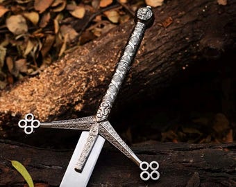 Handmade Scottish Claymore Sword, Black Medieval Sword with Leather Sheath, J2 Steel Highland Claymore, Gift for Dad, Christmas Gifts, GIFT.