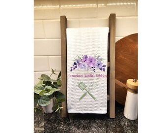Custom Kitchen Towel Grandma Gift - Waffle Weave Dish Towel, White with Spatula and Eggbeater, Personalized Name Towel, Purple Flowers