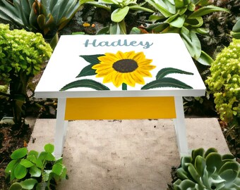 Sunflower Designer Foot Stool, Painted Wood Stool, Gift for Girl, Yellow Flower, Handmade Wood, Rustic Charm, Whimsical Decor