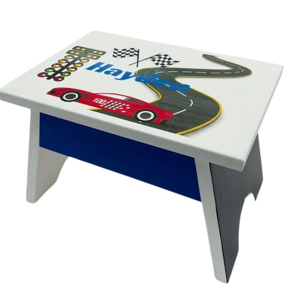 Corvette Racing Room - Race Car Kids Wood Stool, Automotive Decor, Racing Fans Dream, Red Black Blue Yellow, Checkered Flag for Finish Line