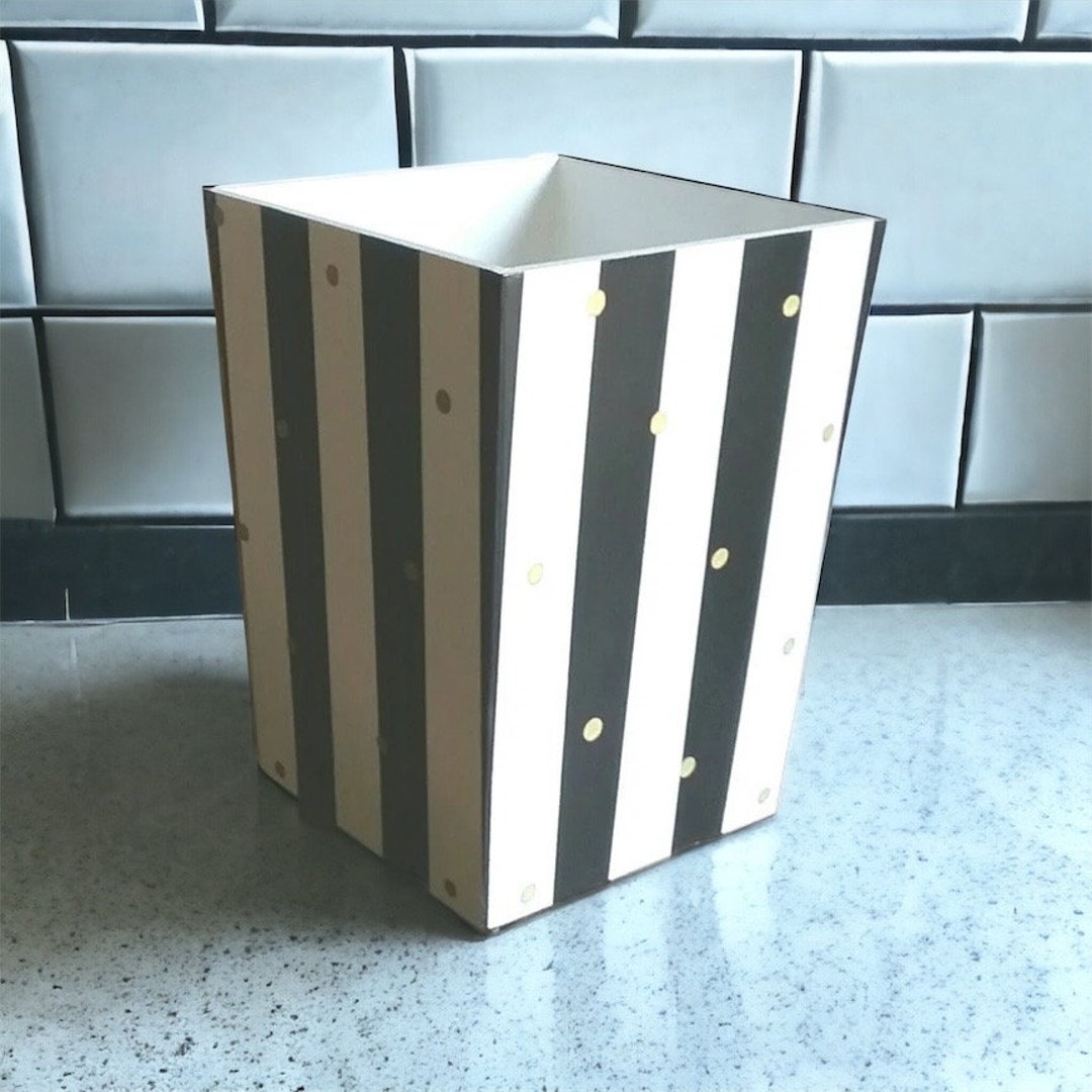 Black and White Trash Can Gold Dots Waste Basket Garbage Can Bathroom