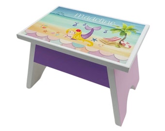 Mermaid Design Foot Stool, Mermaid Bathroom Decor, Girl Decor, Toddler Climber, Personalized Wood Stool, White Purple Blue Yellow Pink