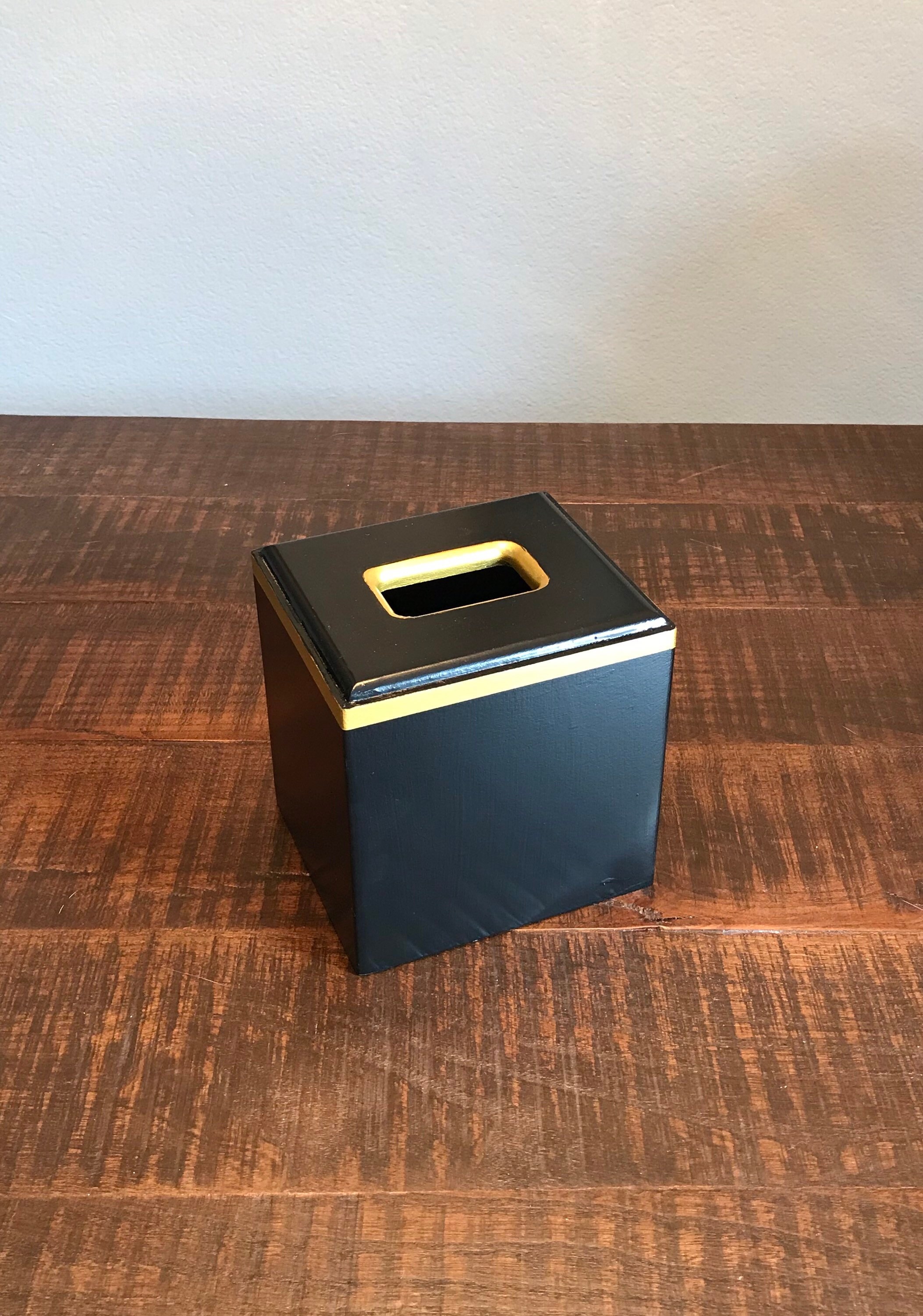 Trash Can, Wooden Tissue Box, Black and Gold, Waste Basket, Wooden