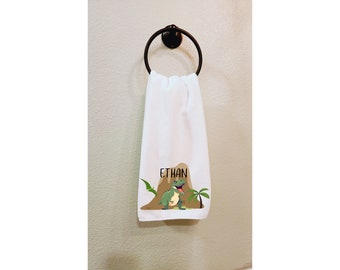 Green Dino Themed Personalized Towel for Kids, Green White Tan, Dinosaur Lover, Gift for Kids, Hand Towel, 100% Polyester