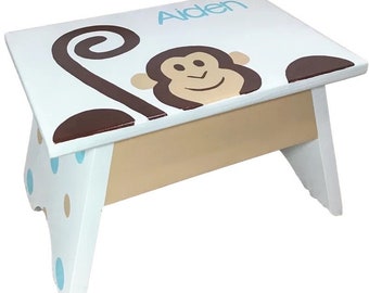 Custom Jungle Monkey Step Stool for Boys, Personalized Kids Foot Stool, Hand-Painted Bathroom Decor