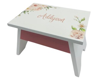 Pink Roses Watercolor Personalized Foot Stool Gift for Kids - Wood Riser for Girl, White Pink Green Stool for Bathroom Step Up, Step Stool