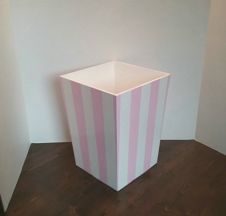 Striped Pink And White Waste Basket Trashcan Trash Image 0