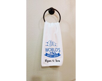 World's Best Dad Hand Towel Gift for Fathers Day, Personalized Towel with Hanging Loop, White Blue, Dad's Day Present, Birthday for Him