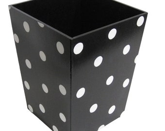 Trash Can with Polka Dots, Waste Basket, Wood Trash Bin, Wood Garbage Can, Decorative Trash Can, Bathroom Accessories, Black and White