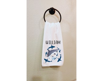 Shark Hand Towel - Ocean Inspired Bathroom Decor, White Blue Gray, Custom Hand Towel, Shark Lover Gift, Beach Themed