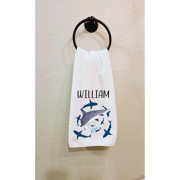 Shark Hand Towel - Ocean Inspired Bathroom Decor, White Blue Gray, Custom Hand Towel, Shark Lover Gift, Beach Themed