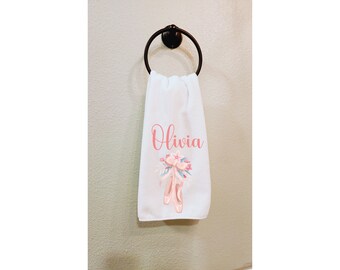 Dance Recital Gift for Girls, Ballerina Hand Towel White Pink Blue, Pink Ballerina Decor, Personalized Hand Towel, Towel with Name