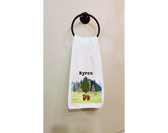 Custom Woodland Bear Hand Towel with Name, Fun Bathroom Decor, White Brown Green, Personalized Hand Towel, Bear and Trees