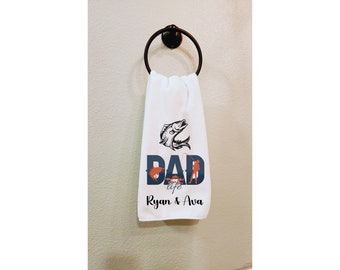 Fishing Dad Gift Father's Day Idea, Personalized Hand Towel, Hanging Loop, White Navy Blue Black Orange, Dad's Day Present, Birthday for Him