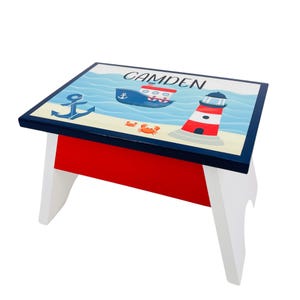 Nautical wood stool for kids, charming tugboat and anchor design, perfect for playtime and decorating a child&#39;s room, great birthday gift