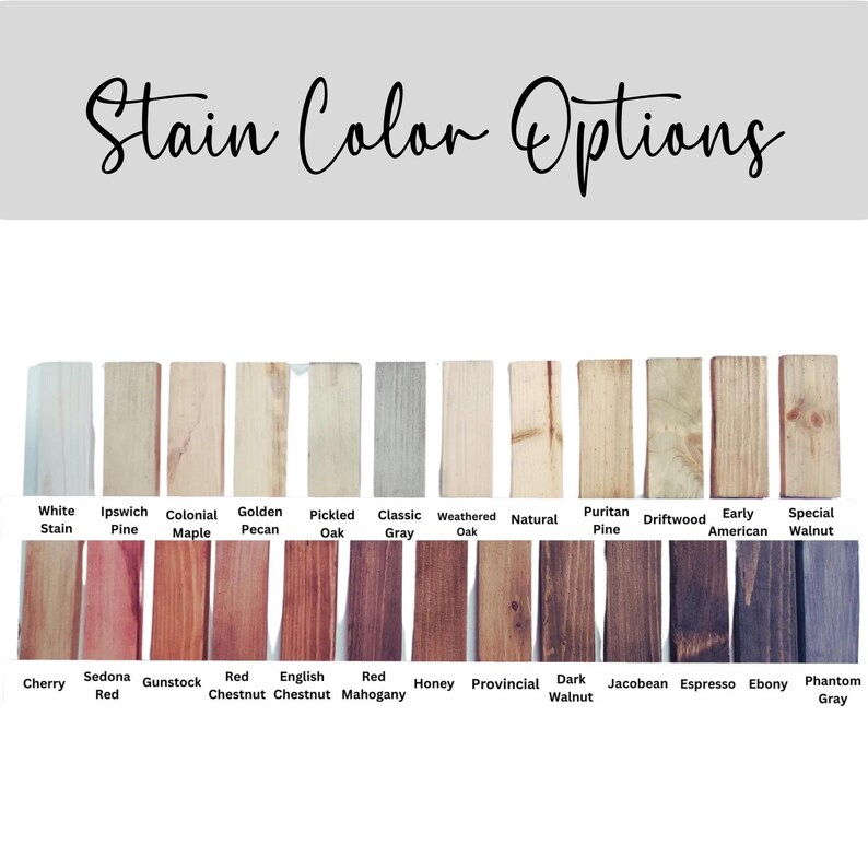 May include: A display of wood stain color options. The image shows rectangular wood samples in various colors, including white, gray, red, and brown. The text "Stain Color Options" is at the top.