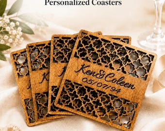 Personalized Wooden Coasters | Custom Engraved Coaster Set | Couples Engagement Present