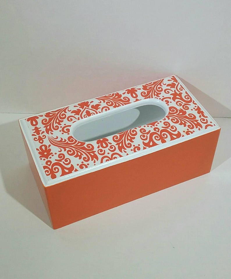 Wooden Rectangle Tissue Box' Orange Damask Tissue Cover'