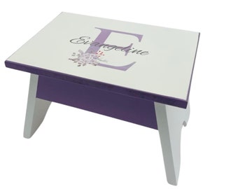 Personalized Wooden Stool for Her Custom Name Gift Idea, Monogrammed Step Stool, White Purple, Wood Riser, Bathroom Accessories