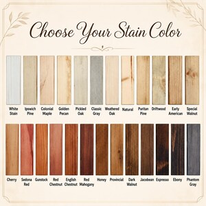 May include: A color chart titled Choose Your Stain Color displaying twenty-four rectangular wood samples arranged in two rows. Each sample shows a distinct wood stain finish with its corresponding name printed in black text below the swatch.